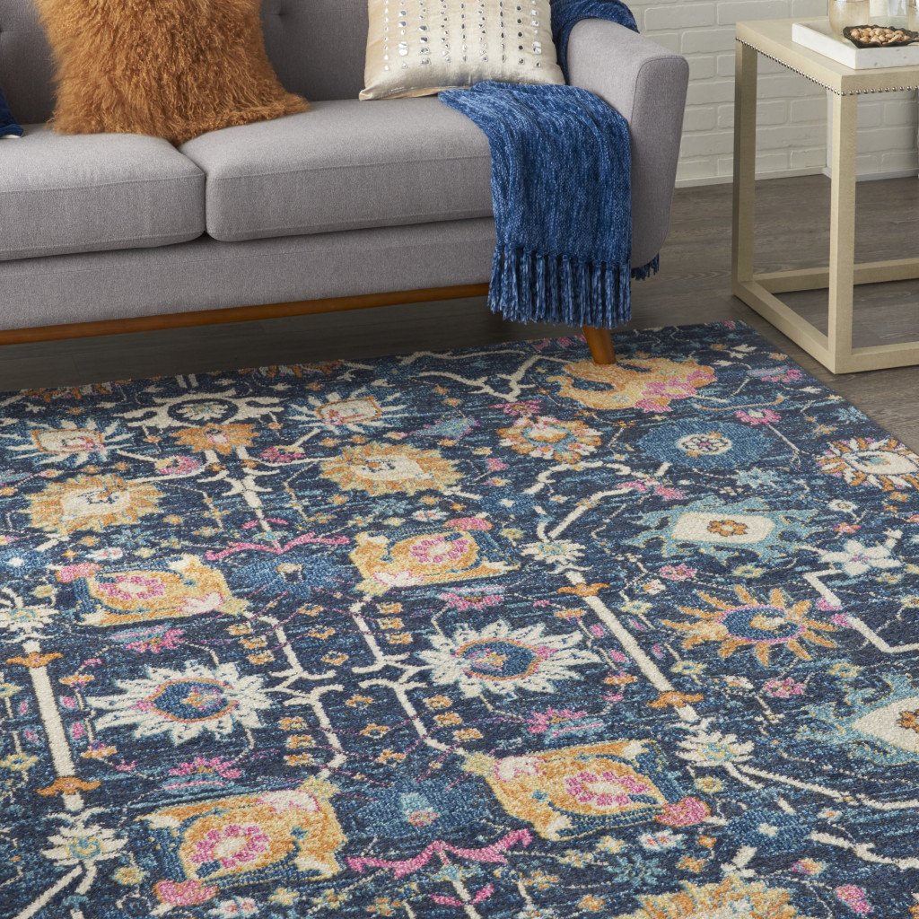 7" X 10" Navy Blue Floral Power Loom Area Rug
