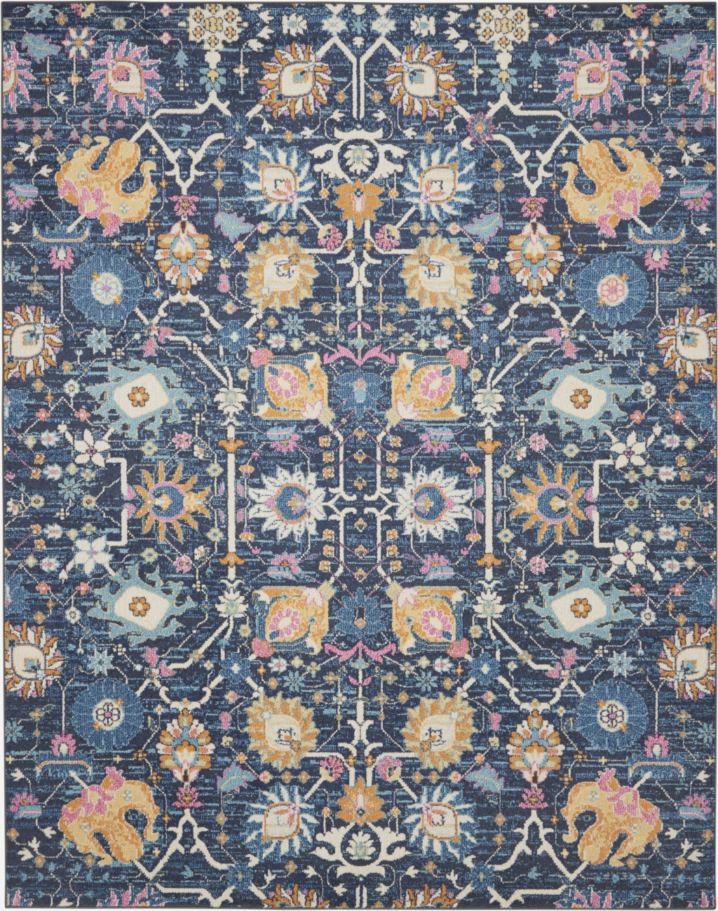 7" X 10" Navy Blue Floral Power Loom Area Rug