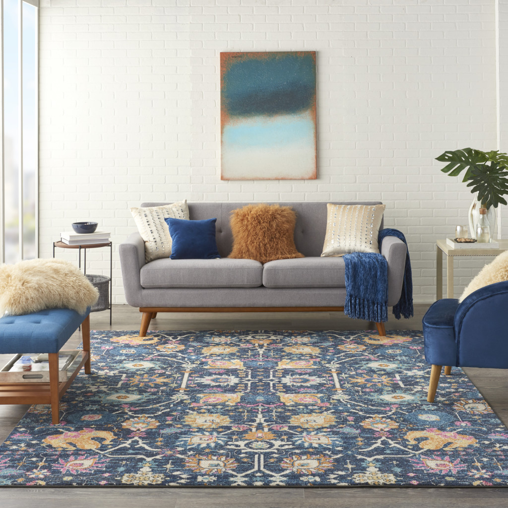 8" X 10" Navy Blue Floral Power Loom Area Rug