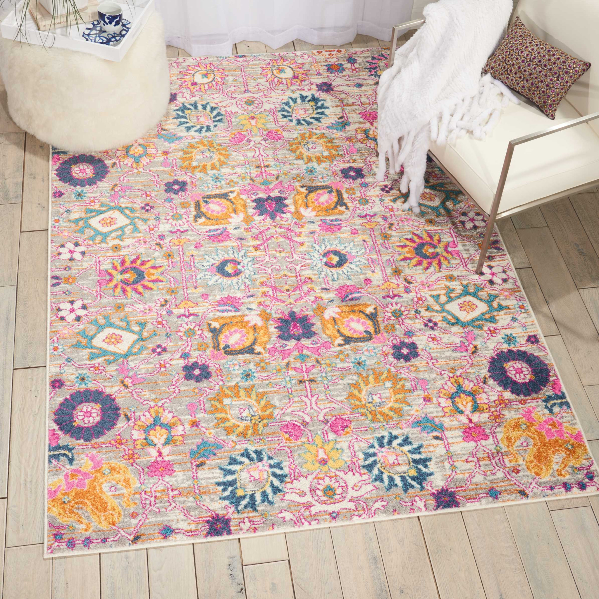 4" X 6" Silver Floral Power Loom Area Rug