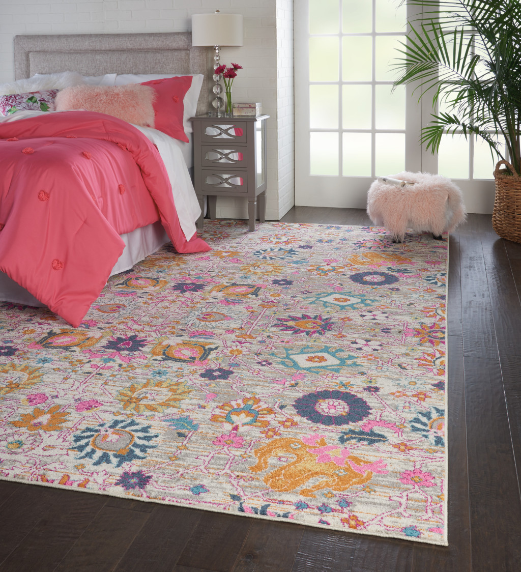 8" X 10" Silver Floral Power Loom Area Rug