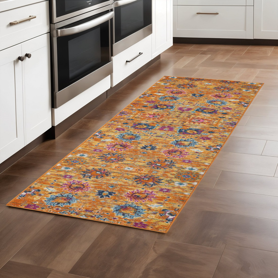 8' Blue And Orange Floral Distressed Runner Rug-385245-1