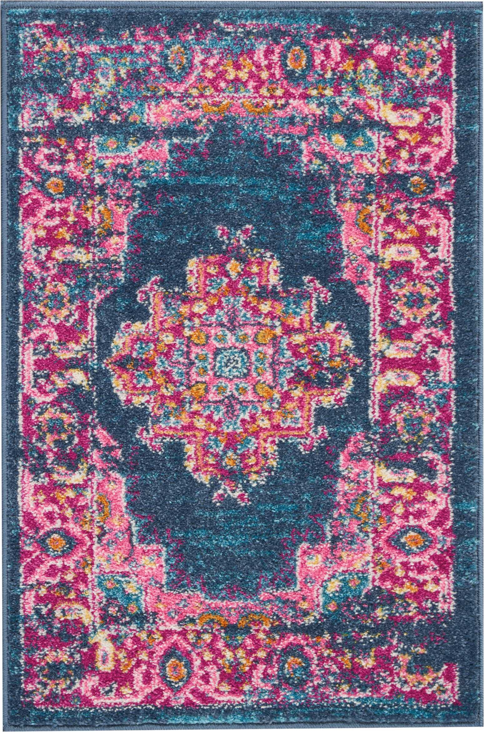 2' X 3' Blue And Pink Medallion Distressed Area Rug-385251-1