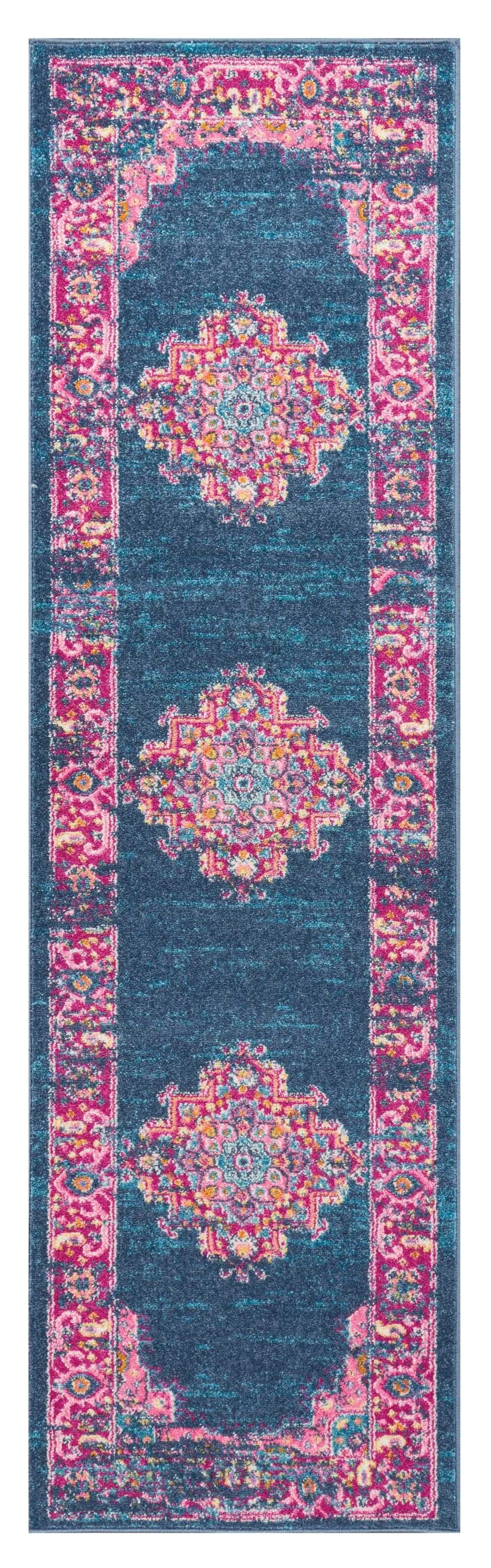 8' Blue And Pink Medallion Distressed Runner Rug-385252-1