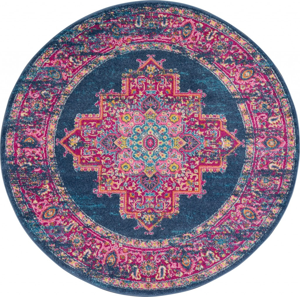 5' Blue And Pink Medallion Distressed Round Rug-385254-1