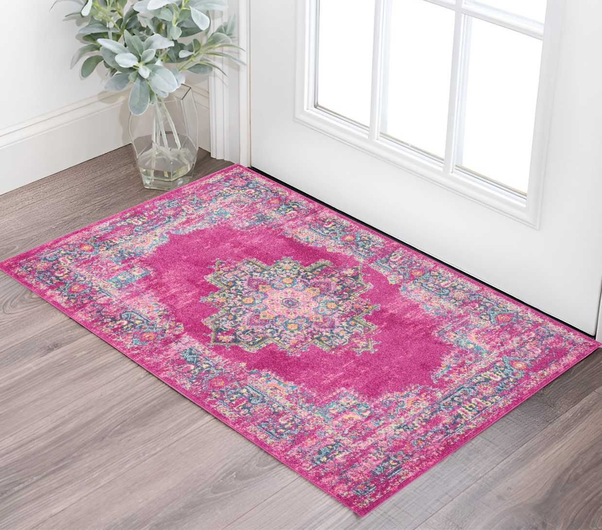 4' X 6' Fuchsia And Blue Oriental Distressed Area Rug-385260-1