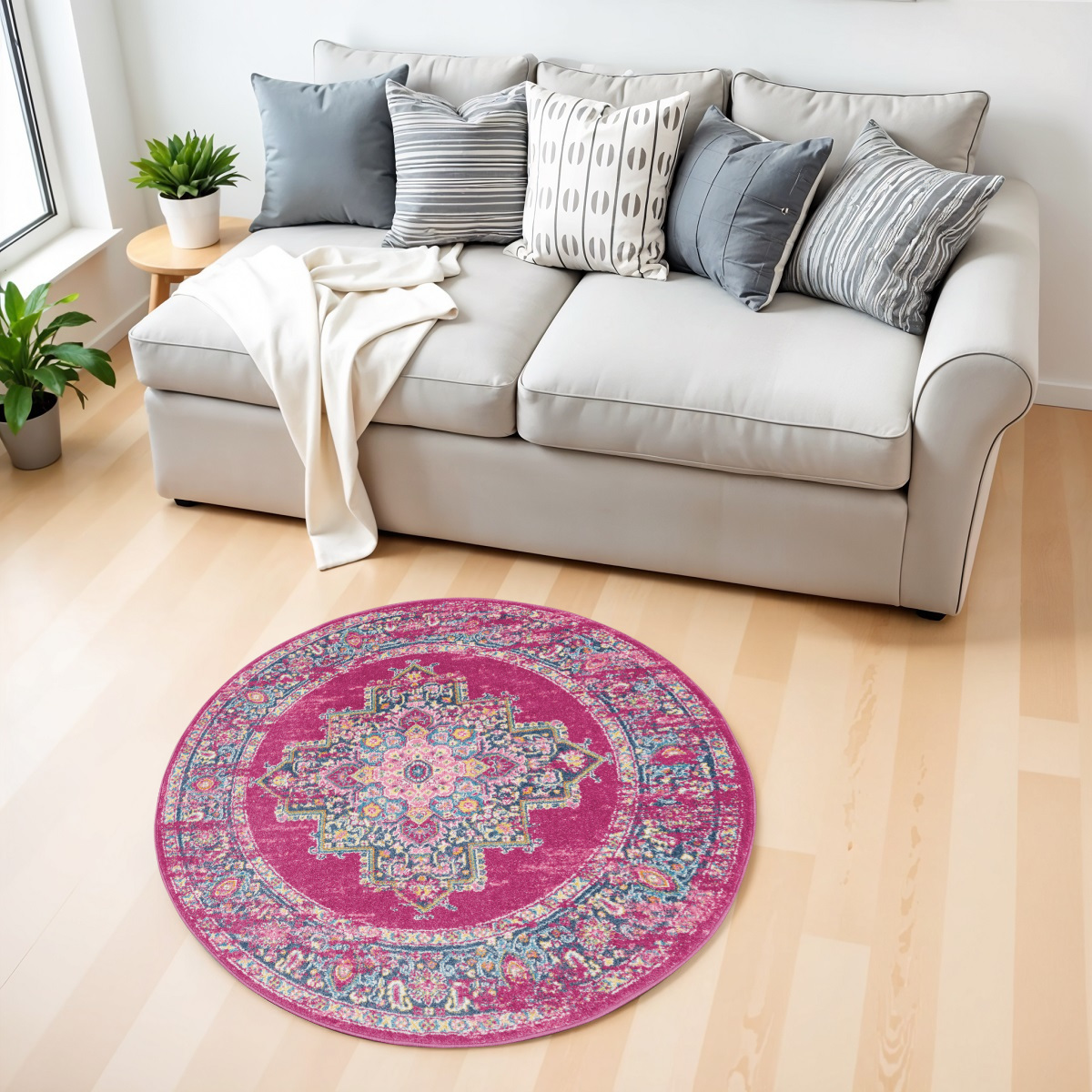 4' Fuchsia And Blue Oriental Distressed Round Rug-385261-1