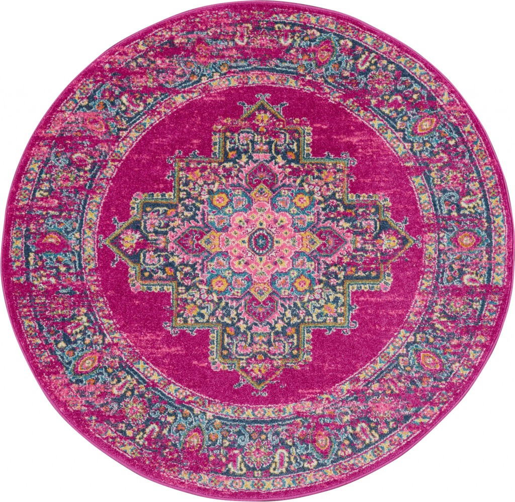 5' Fuchsia And Blue Oriental Distressed Round Rug-385263-1