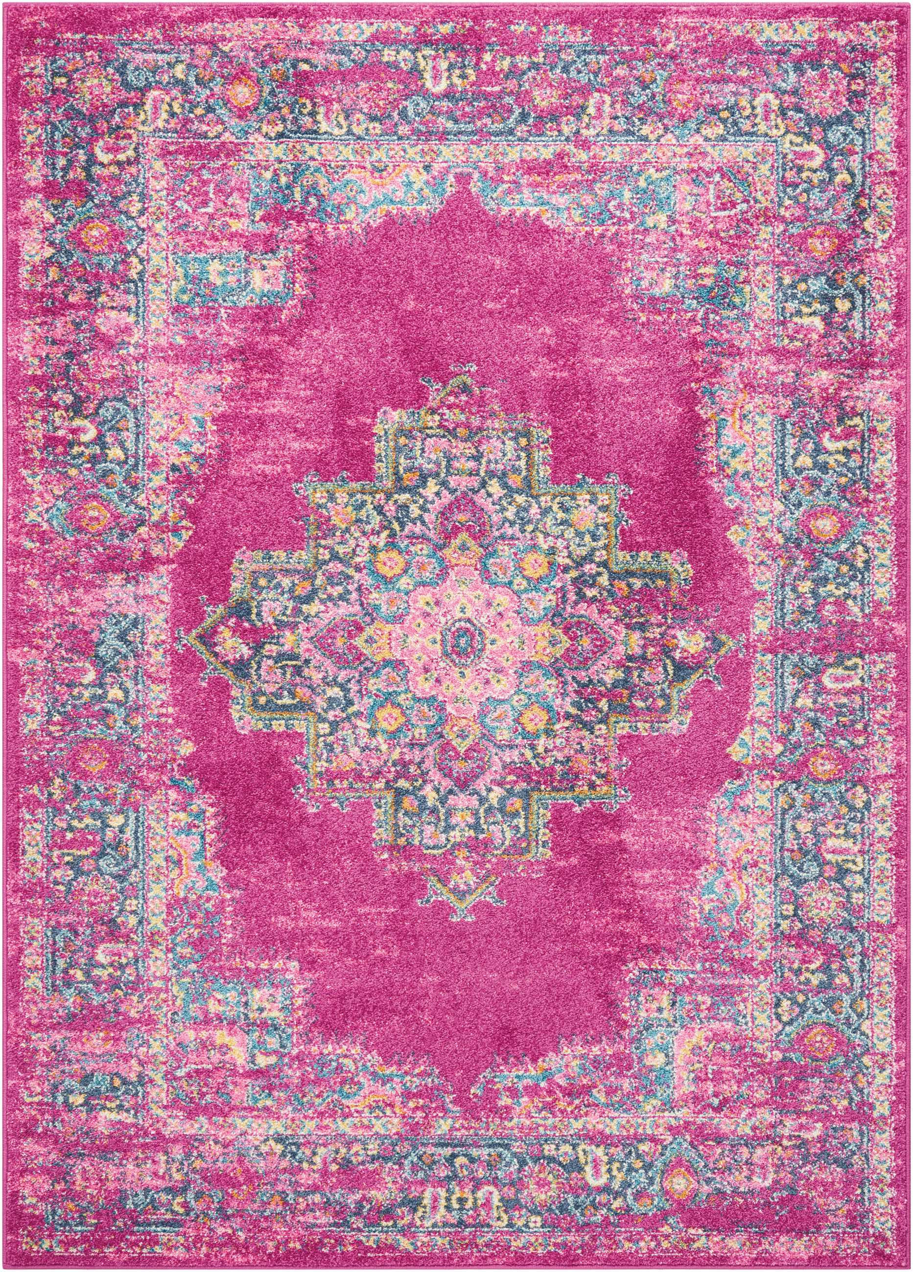 7' X 10' Fuchsia And Blue Oriental Distressed Area Rug-385264-1