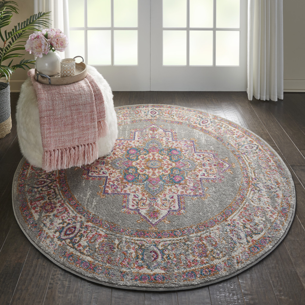 4" Gray Round Power Loom Area Rug