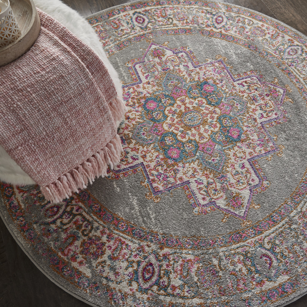 4" Gray Round Power Loom Area Rug