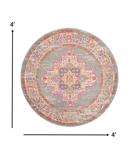 4" Gray Round Power Loom Area Rug