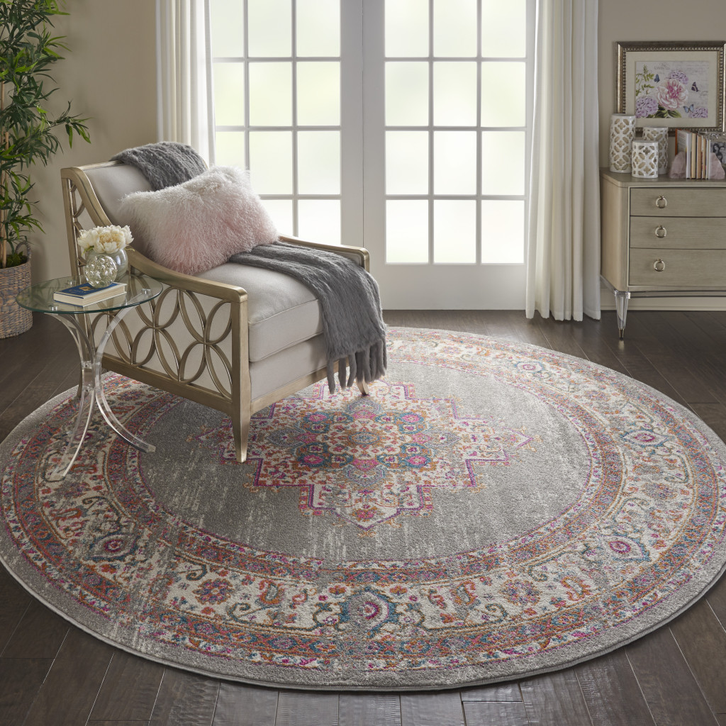 8" Gray Round Power Loom Area Rug