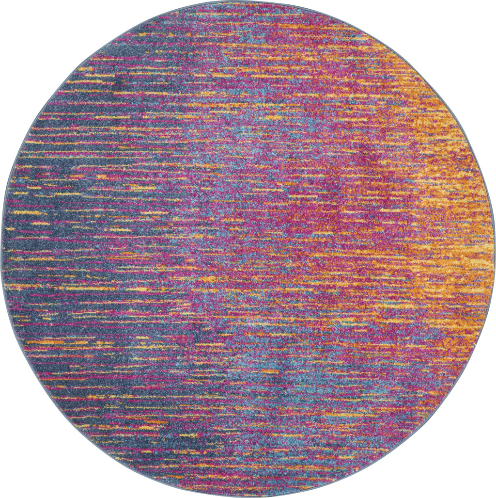 8" Blue And Pink Round Abstract Power Loom Area Rug