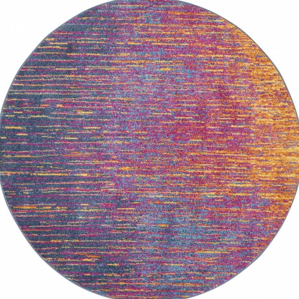 8" Blue And Pink Round Abstract Power Loom Area Rug