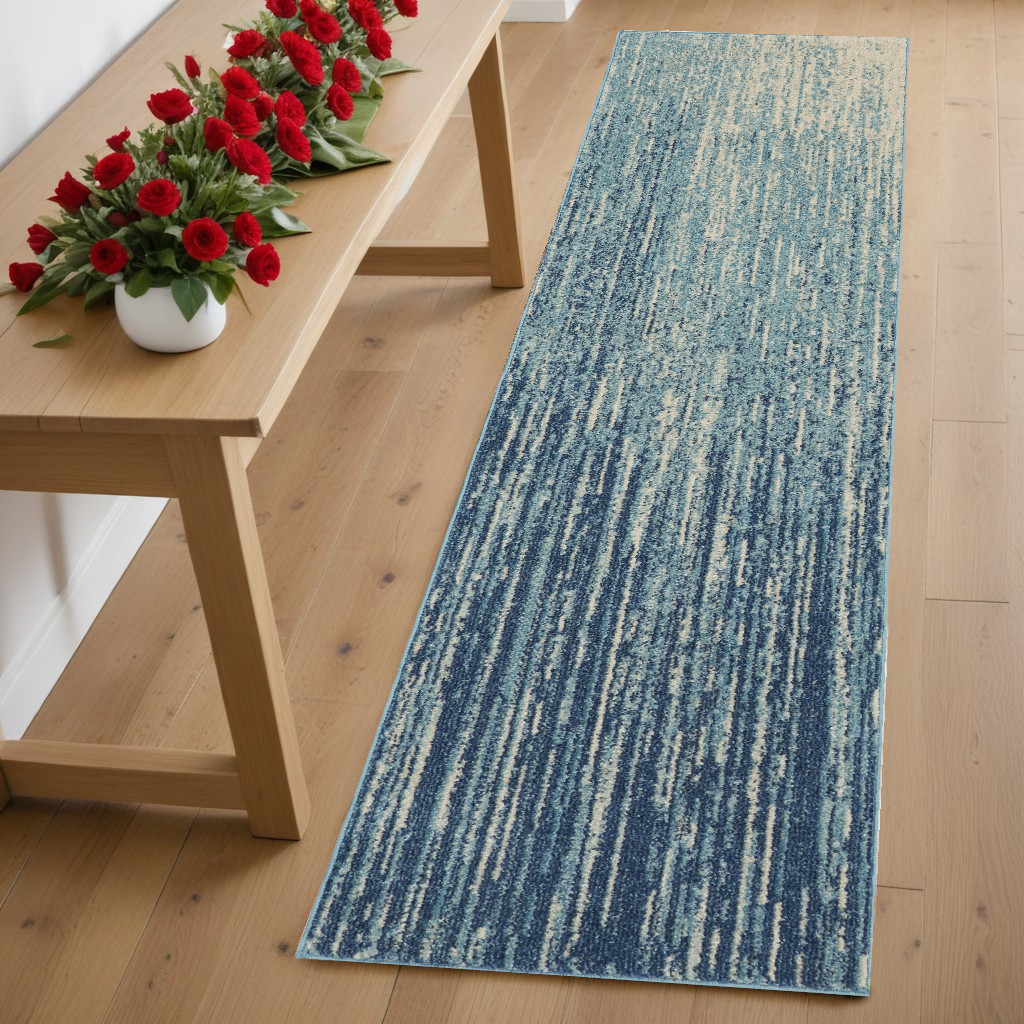 6' Blue And Ivory Abstract Runner Rug-385279-1