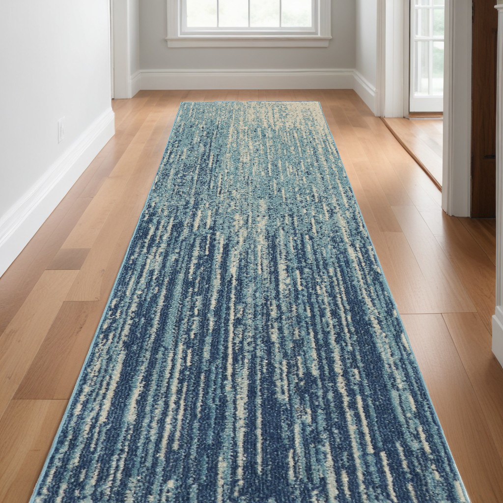 10' Blue And Ivory Abstract Runner Rug-385280-1