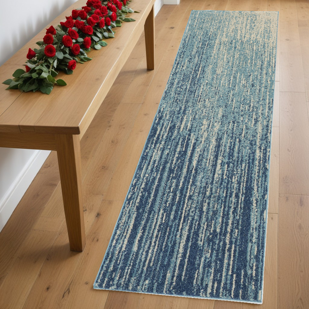8' Blue And Ivory Abstract Runner Rug-385281-1
