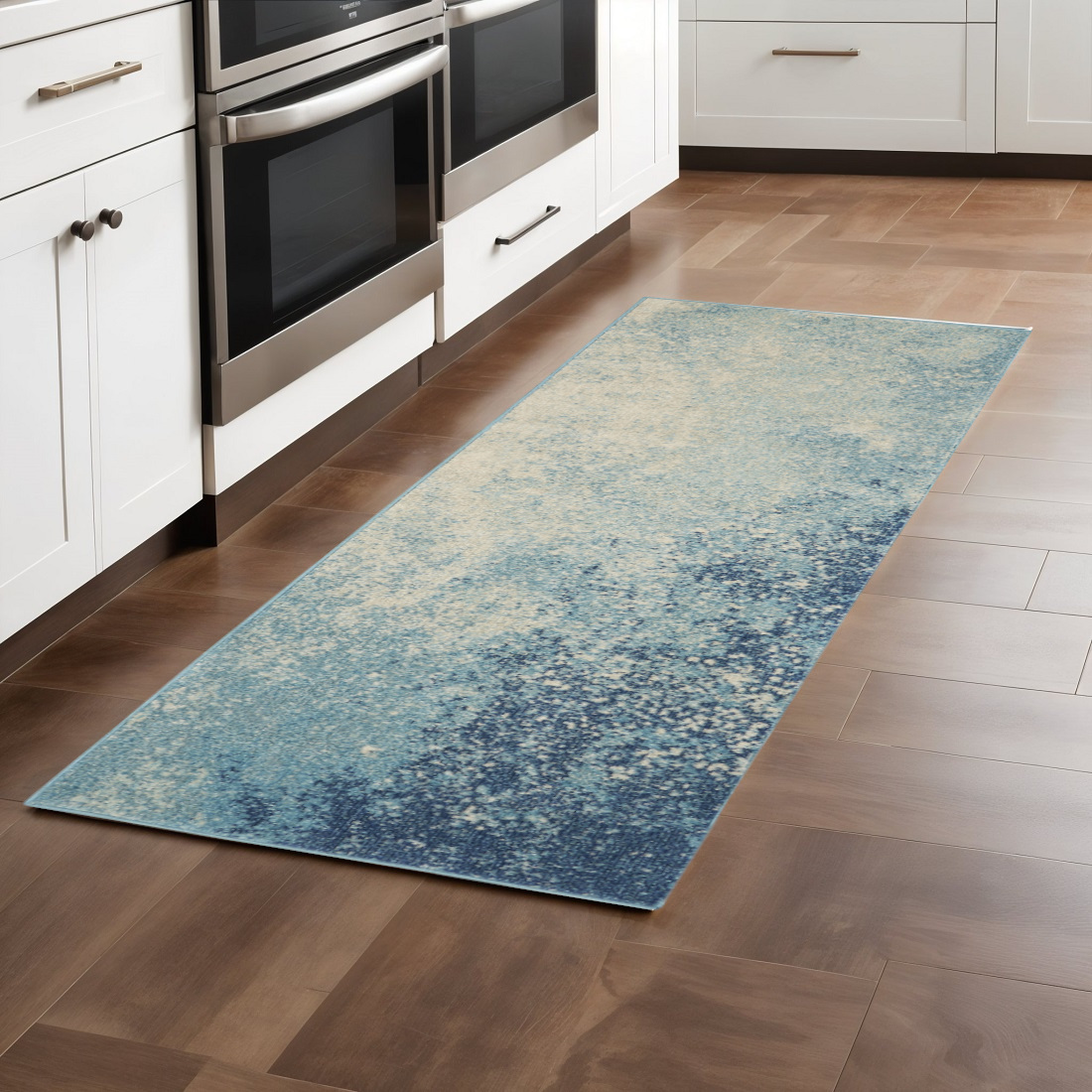 8' Blue And Ivory Abstract Runner Rug-385297-1