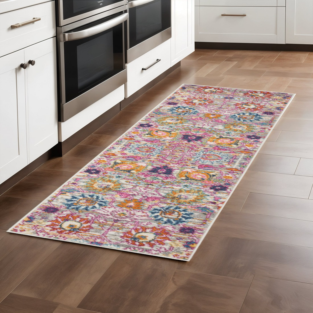 8' Silver Gray And Pink Floral Distressed Runner Rug-385300-1