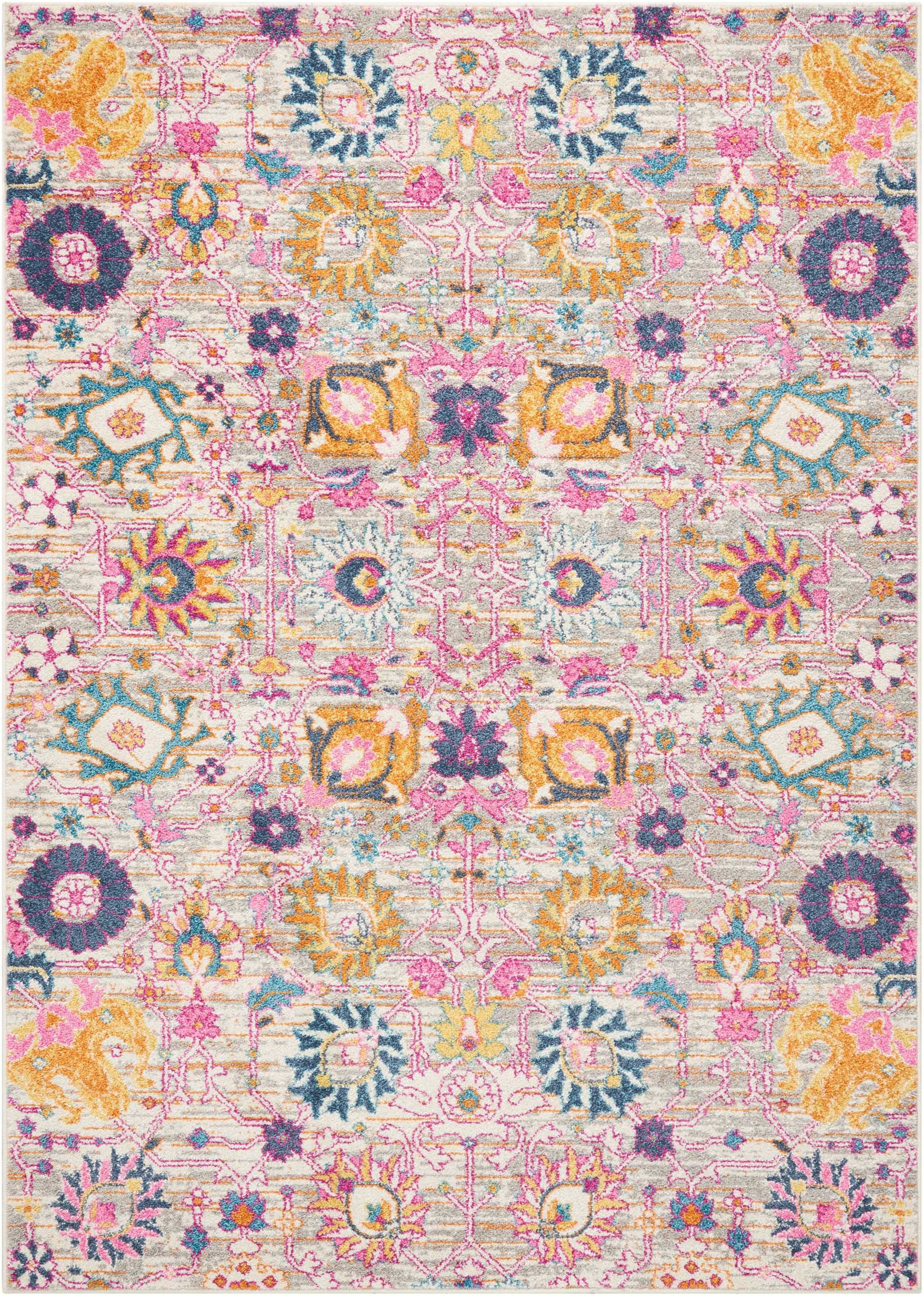 5' x 7' Gray and Pink Floral Power Loom Distressed Area Rug-385301-1