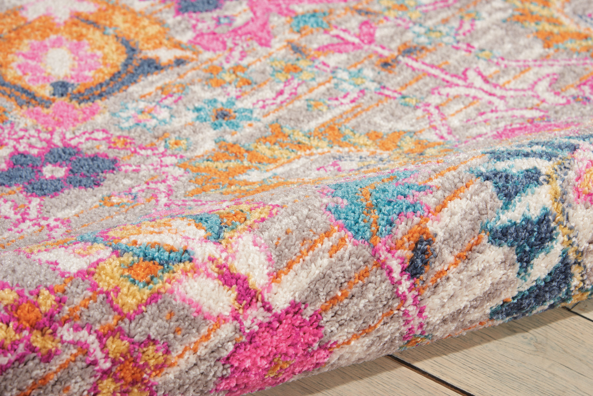 5" X 7" Gray and Pink Floral Power Loom Distressed Area Rug