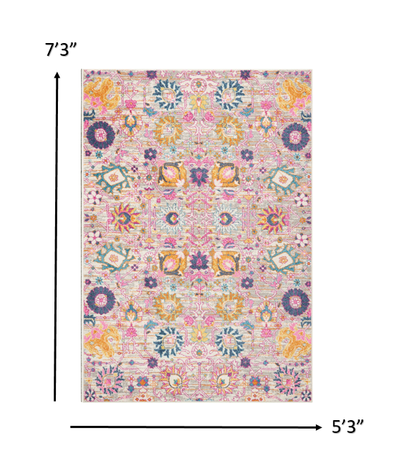 5" X 7" Gray and Pink Floral Power Loom Distressed Area Rug