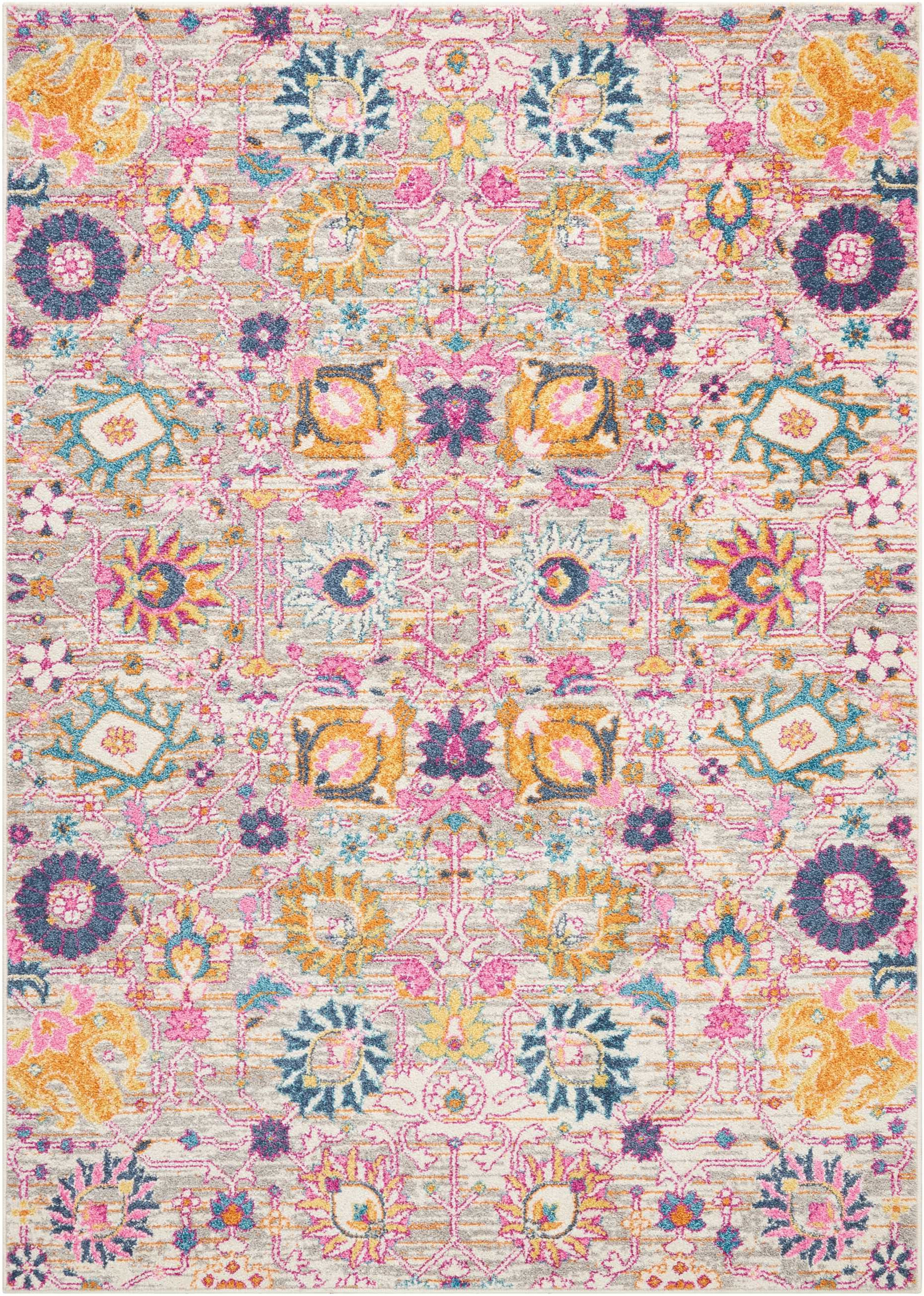 5" X 7" Gray and Pink Floral Power Loom Distressed Area Rug