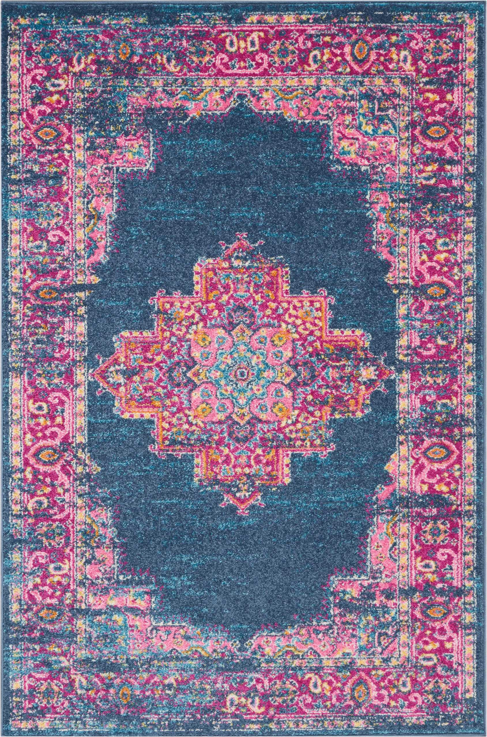 4' X 6' Blue And Pink Medallion Distressed Area Rug-385310-1