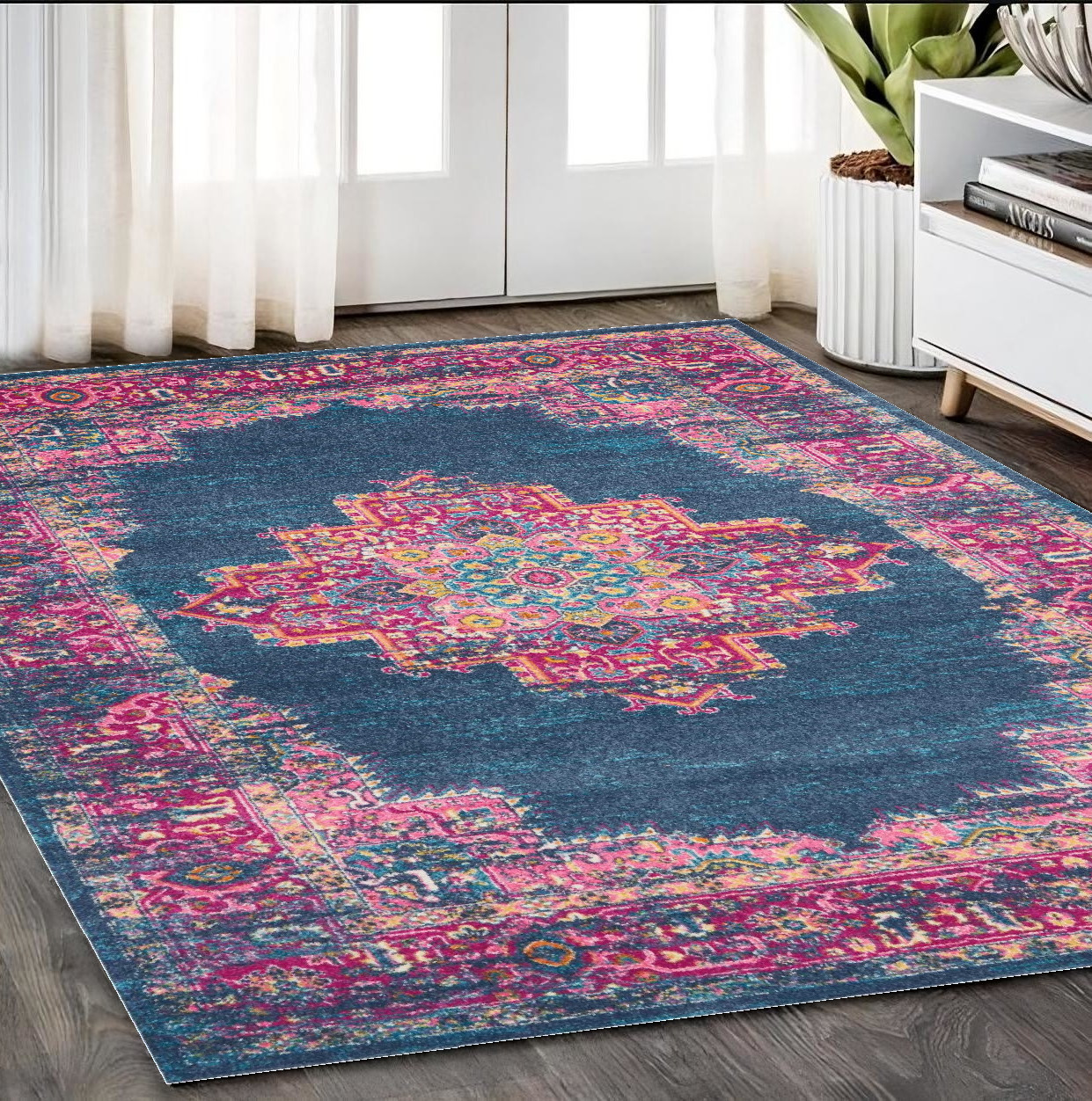 5' X 7' Blue And Pink Medallion Distressed Area Rug-385311-1