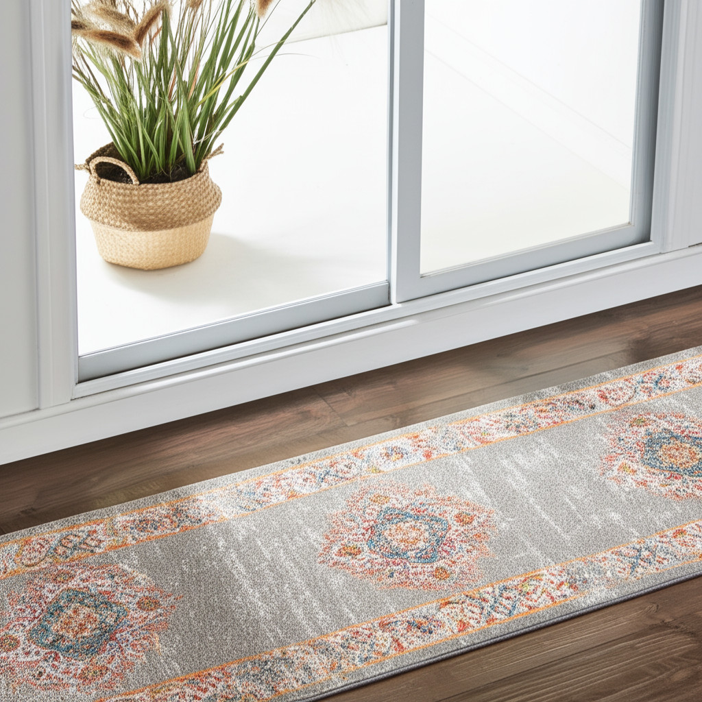 6' Gray And Gold Medallion Distressed Runner Rug-385315-1