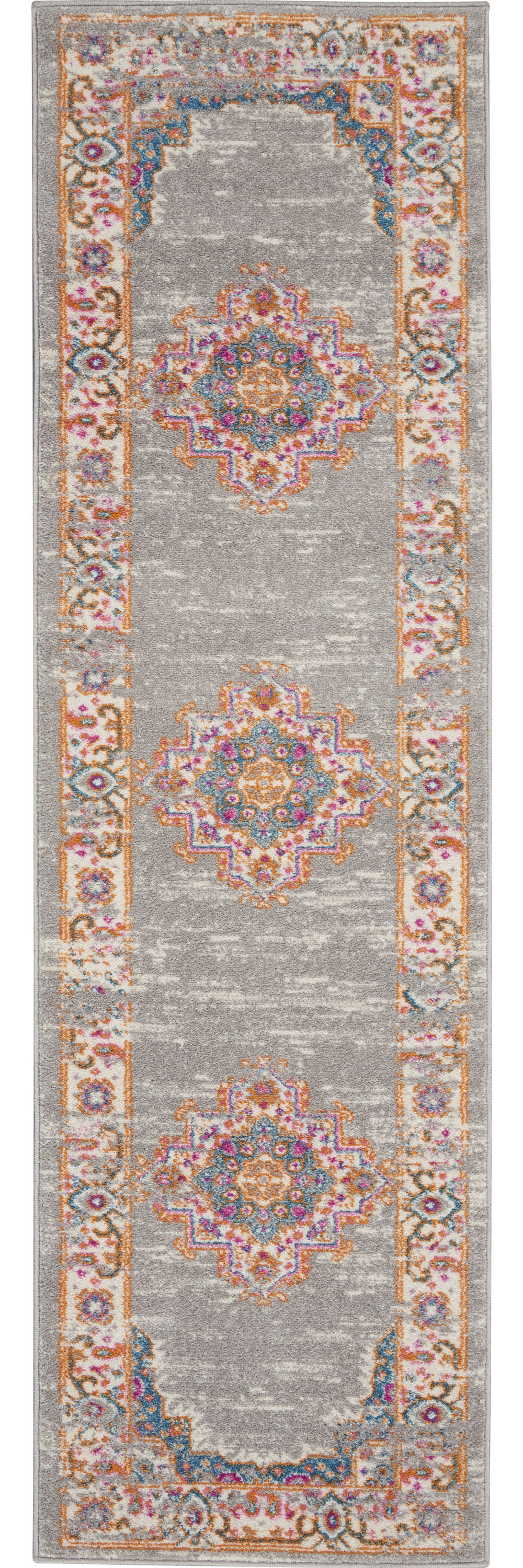 8' Gray And Gold Medallion Distressed Runner Rug-385316-1