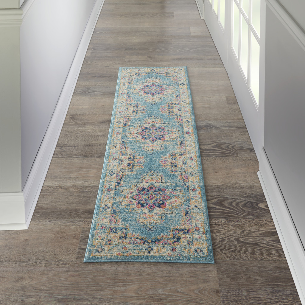 6" Light Blue Southwestern Power Loom Runner Rug