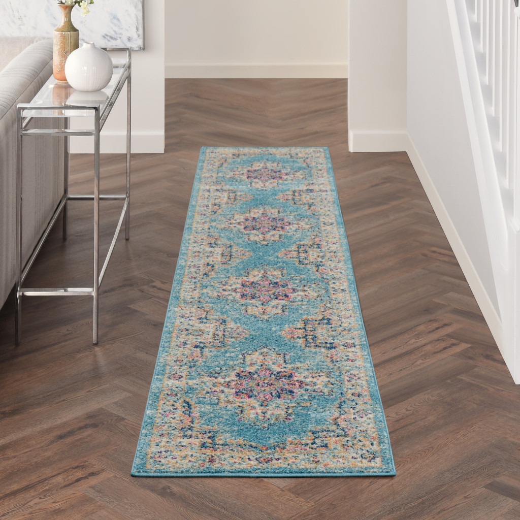 10" Light Blue Southwestern Power Loom Runner Rug