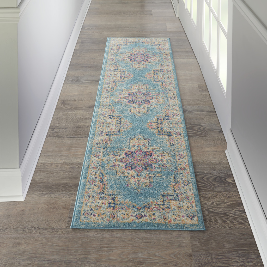 2" X 8" Light Blue Distressed Medallion Runner Rug