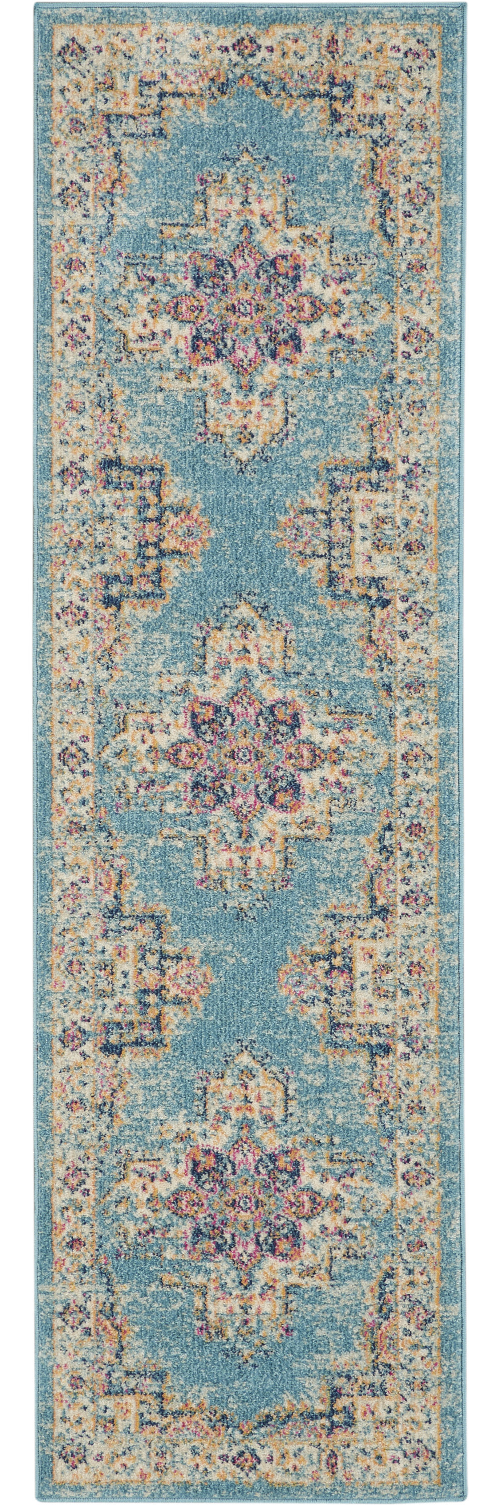 2" X 8" Light Blue Distressed Medallion Runner Rug