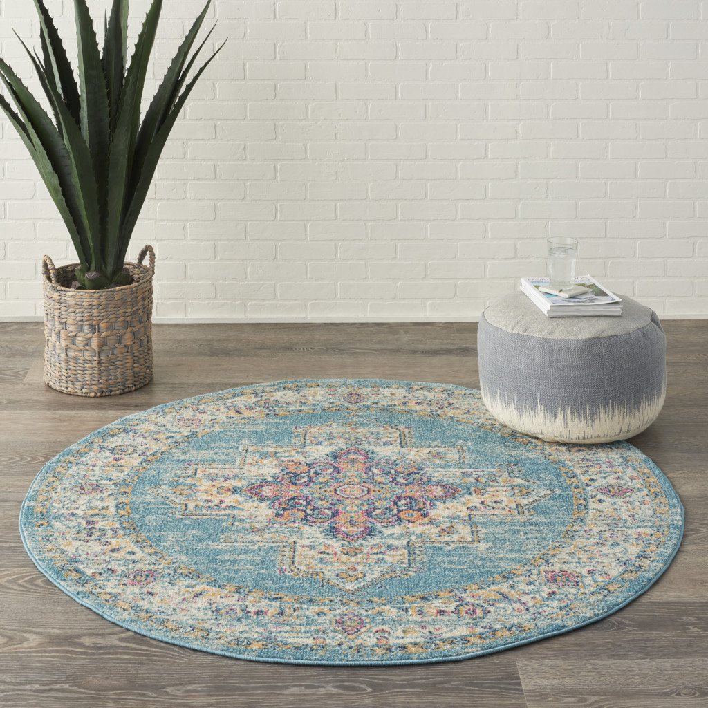 4" Light Blue Round Southwestern Power Loom Area Rug