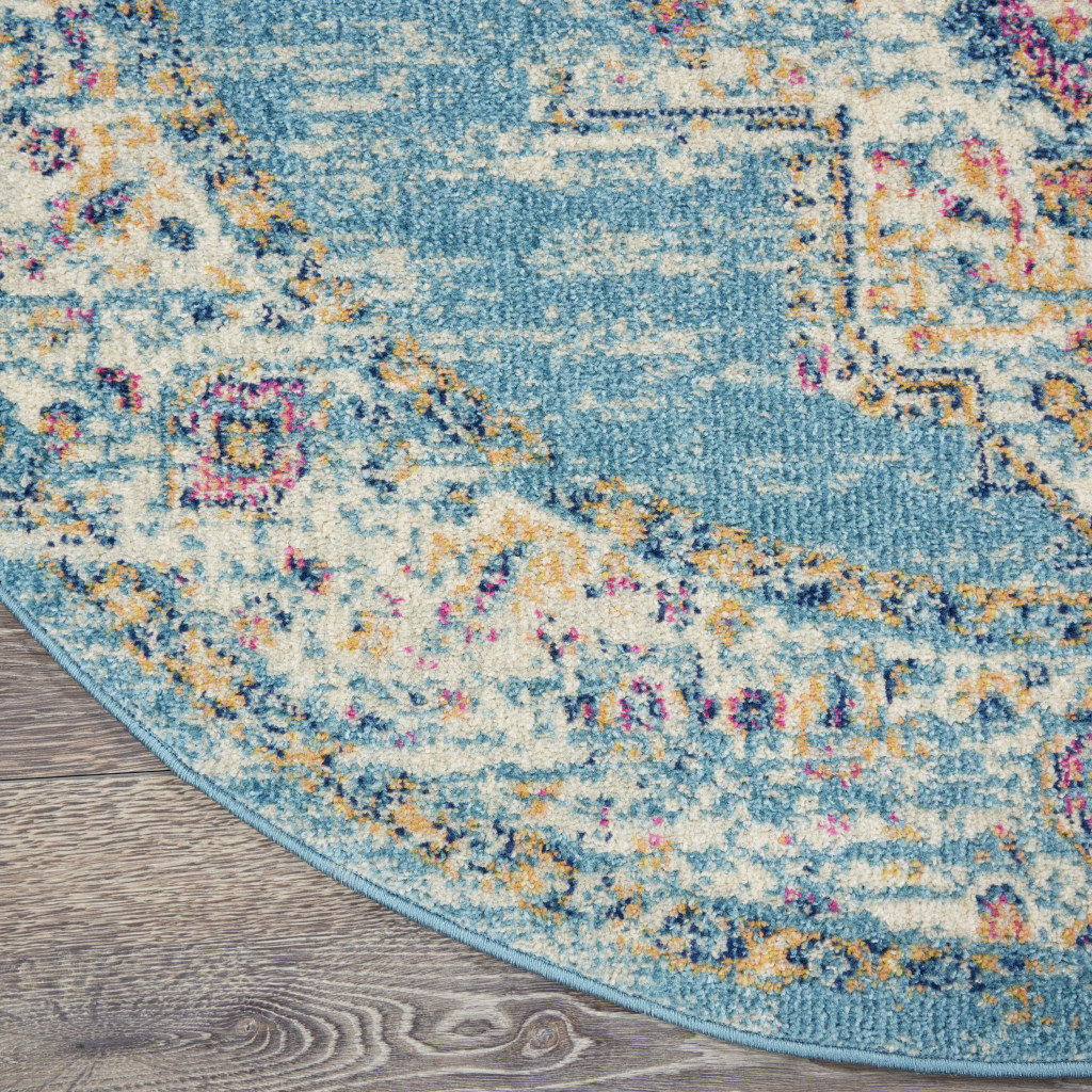 4" Light Blue Round Southwestern Power Loom Area Rug