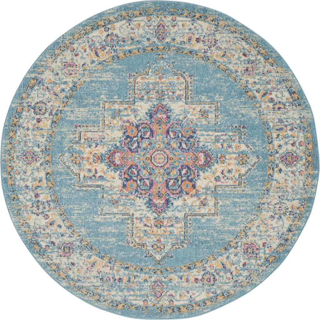 5" Light Blue Round Southwestern Power Loom Area Rug