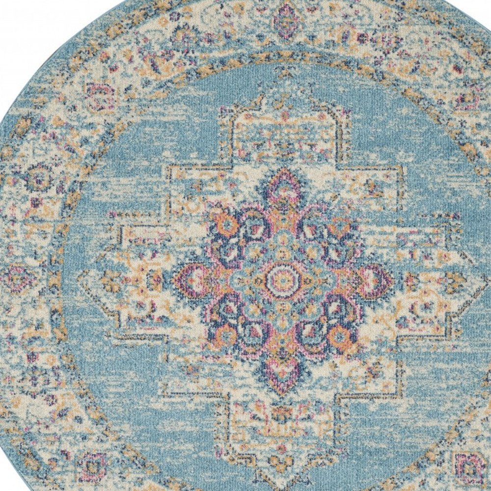 5" Light Blue Round Southwestern Power Loom Area Rug