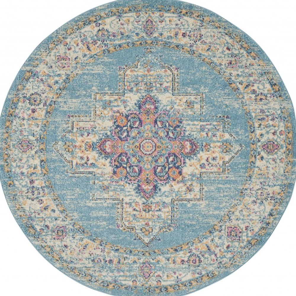 5" Light Blue Round Southwestern Power Loom Area Rug