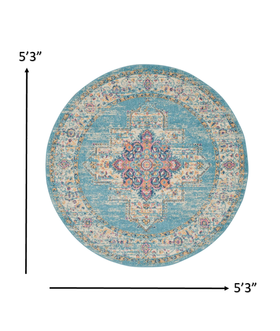 5" Light Blue Round Southwestern Power Loom Area Rug