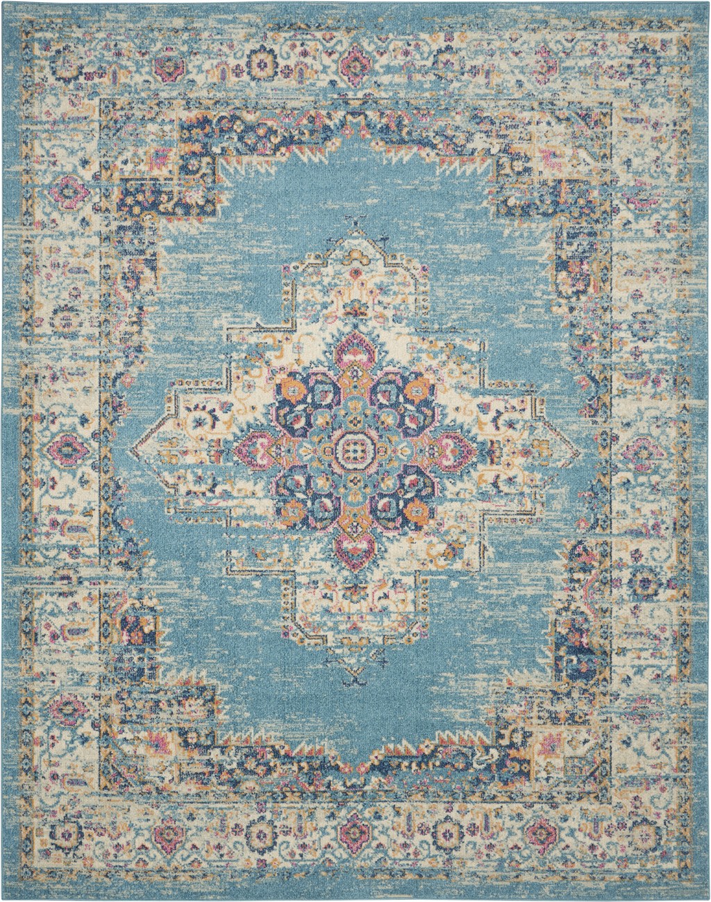 7' x 10' Blue and Ivory Medallion Power Loom Distressed Area Rug-385336-1