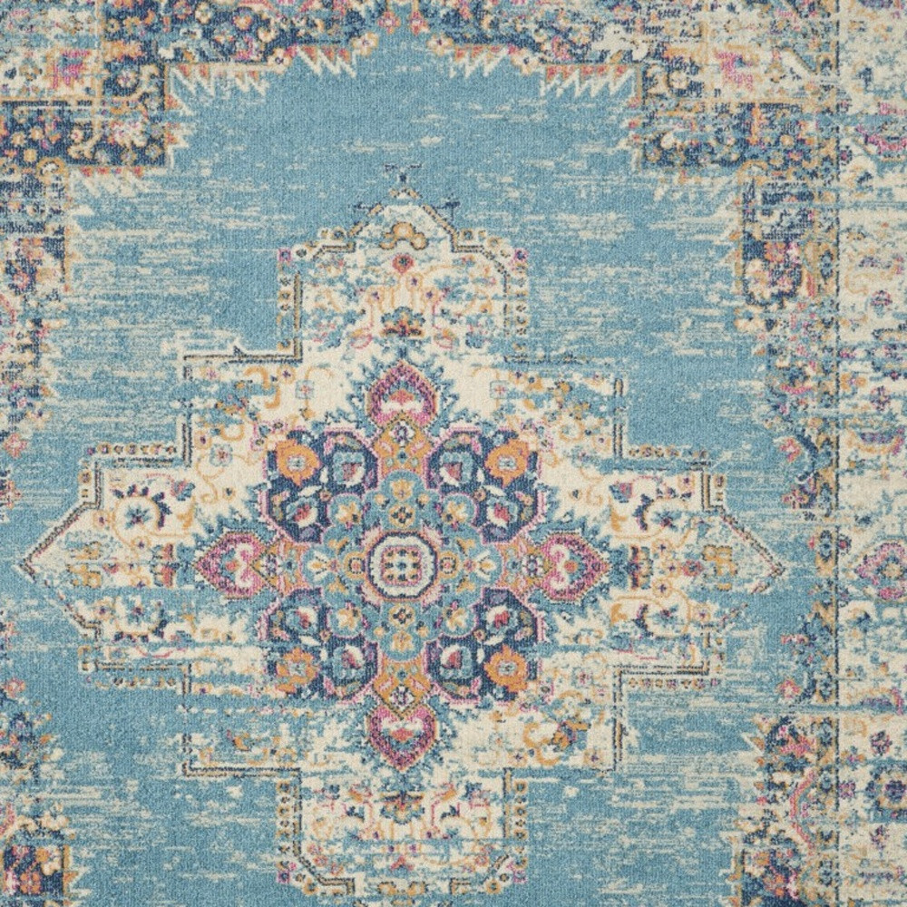 7" X 10" Blue and Ivory Medallion Power Loom Distressed Area Rug