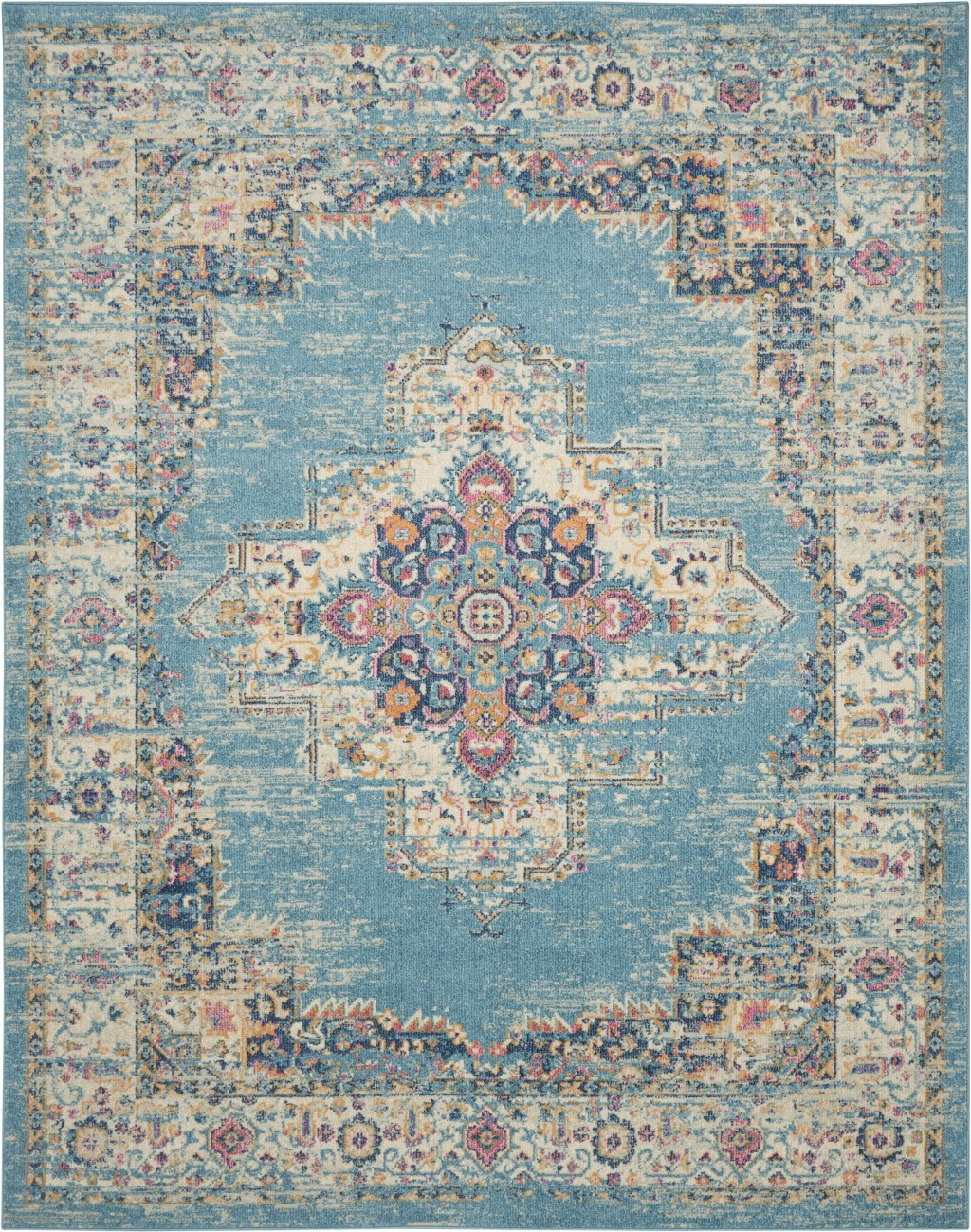 7" X 10" Blue and Ivory Medallion Power Loom Distressed Area Rug
