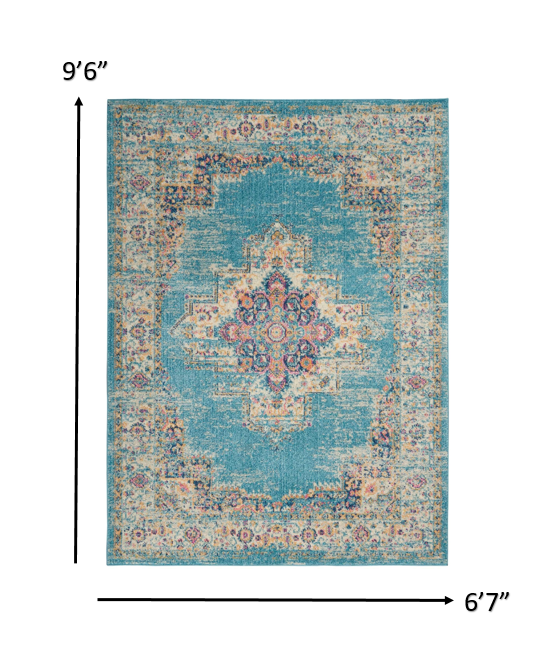 7" X 10" Blue and Ivory Medallion Power Loom Distressed Area Rug
