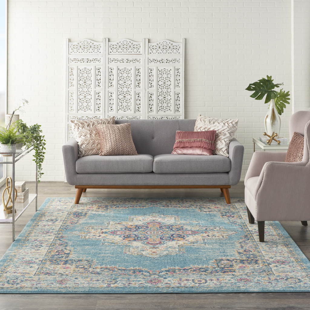 8" X 10" Light Blue Southwestern Power Loom Area Rug