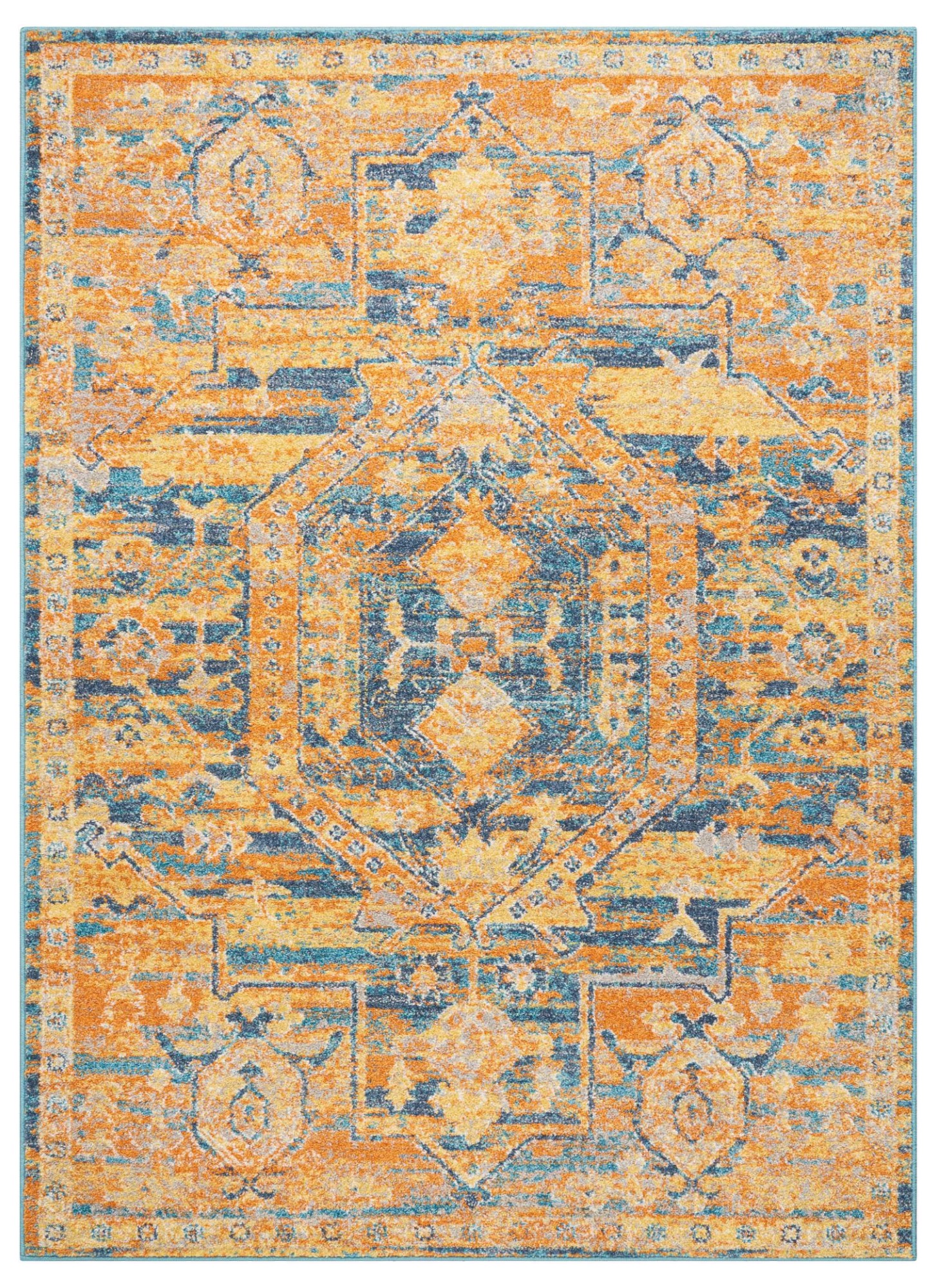 7' X 10' Teal And Gold Medallion Distressed Area Rug-385344-1