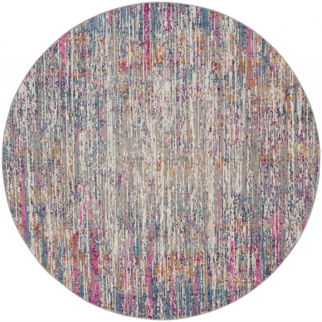 8' Pink And Ivory Round Abstract Power Loom Area Rug-385356-1