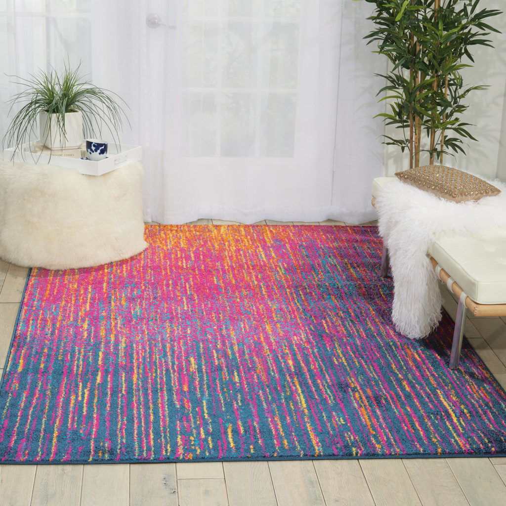 4" X 6" Blue And Pink Abstract Power Loom Area Rug